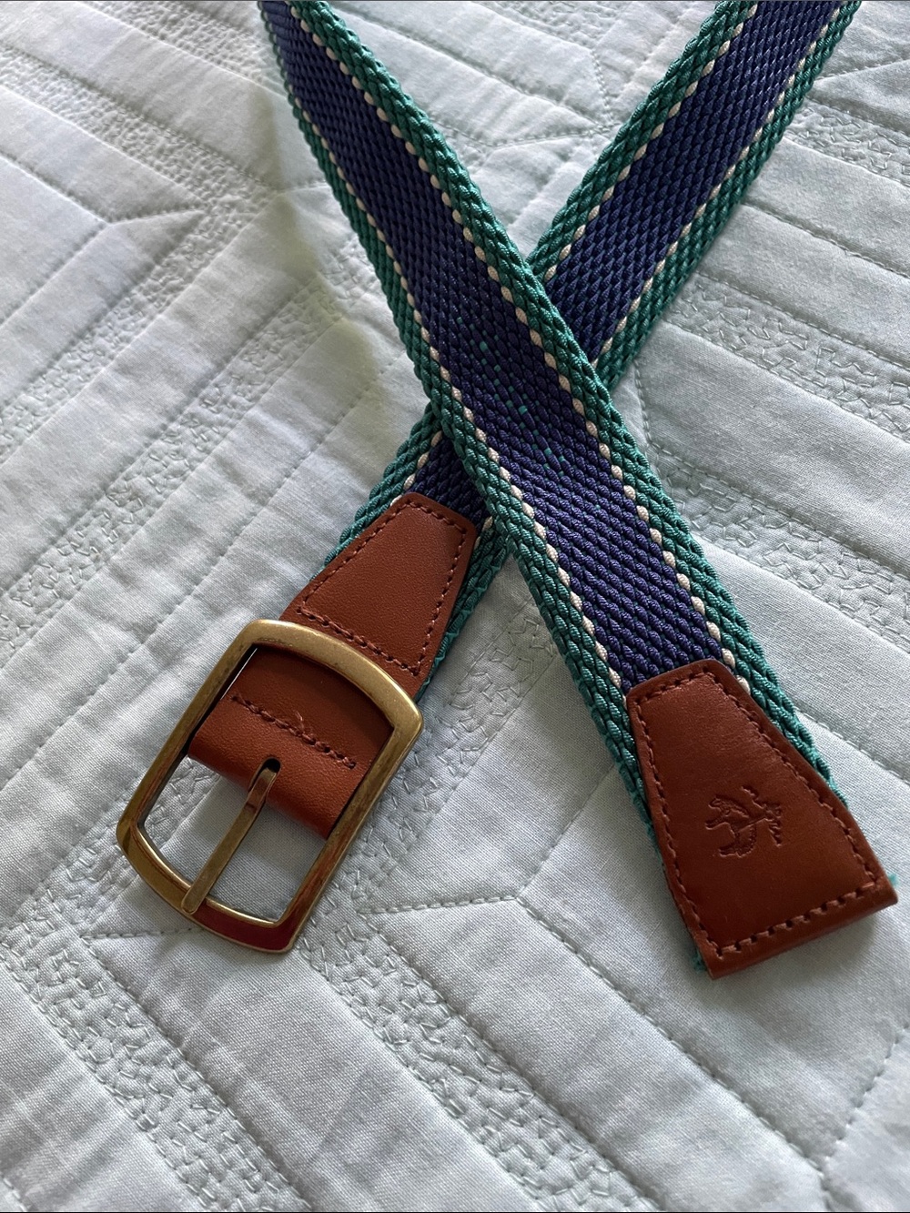Brooks Brothers Men's Woven Navy and Teal Belt with Brown Leather Trim